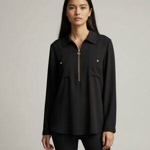Anne Klein Black Quarter Zip Long Sleeve Blouse Gold Hardware Career Size L
